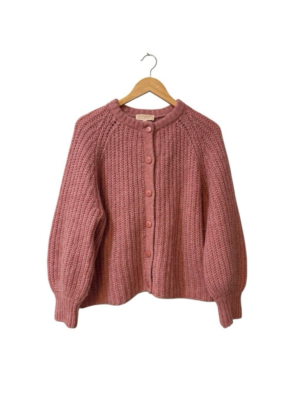 Sezane Emile Cardigan M Mottled Pink Chunky Knit Balloon Sleeve Button Front